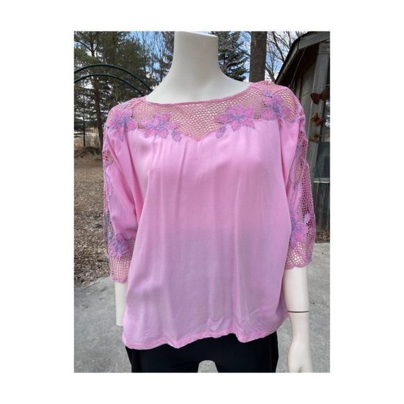 SOLD Vintage | 80s Dolman Sleeve Top Pink Purple Floral Lace 3/4 Sleeve L/XL - Picture 1 of 15